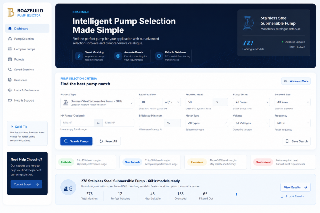 Pump and pipe selection software built as a custom web application