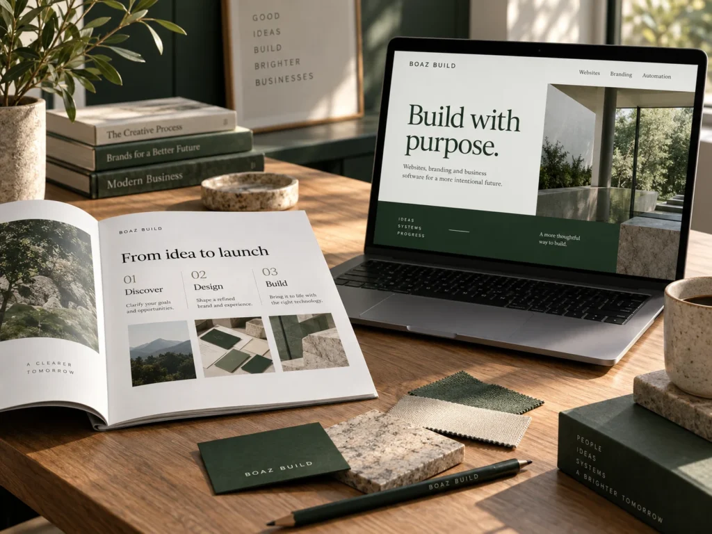 Boaz Build concept workspace with a green website design and an open Discover, Design, Build process booklet