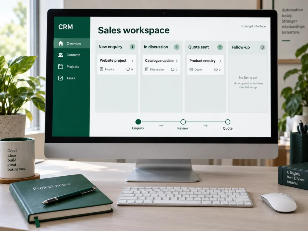 CRM concept showing enquiries, discussions, quotations and follow-up stages