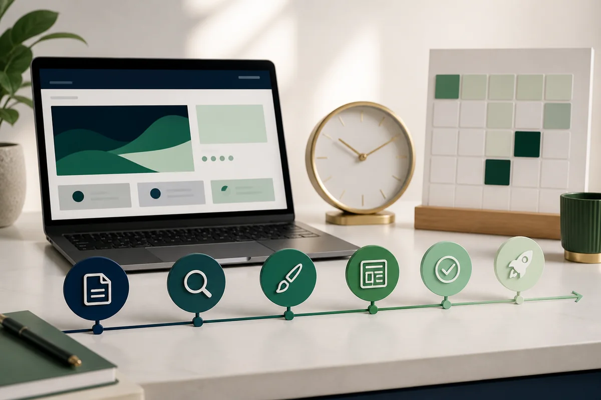 Website launch workflow with a laptop, clock, calendar, and project milestones