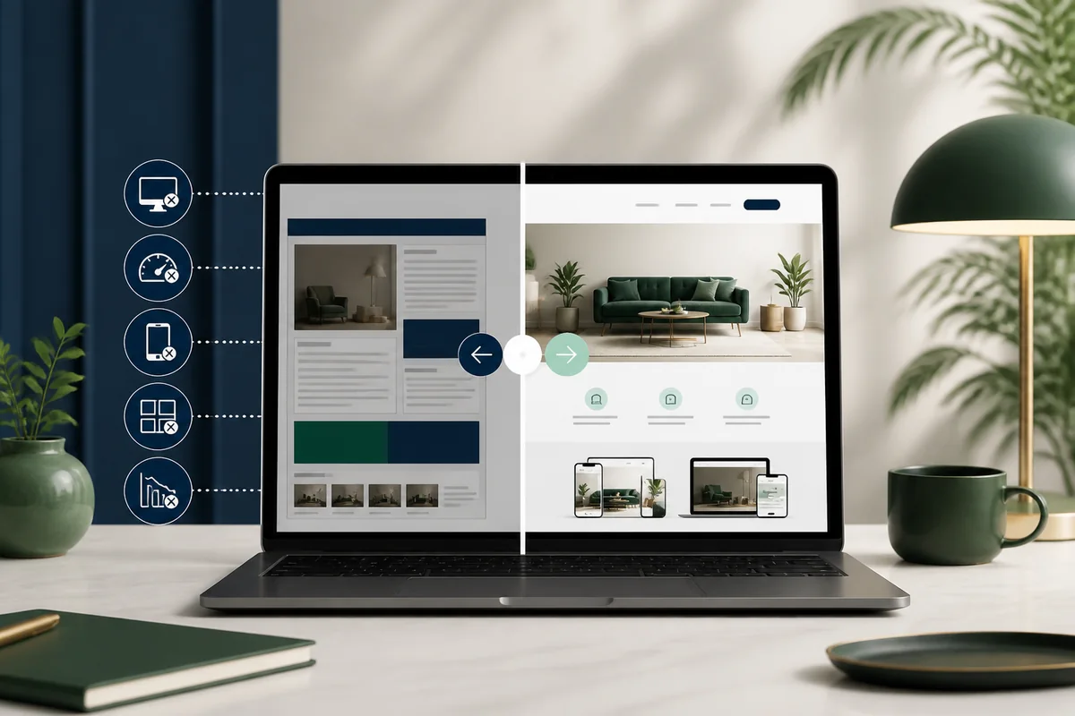 Laptop showing an outdated website beside a modern responsive redesign