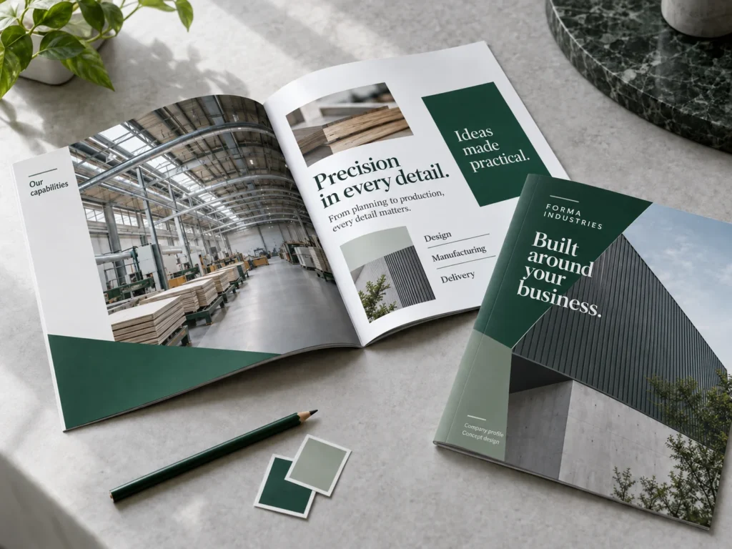 Green and white company brochure concept with a printed manufacturing spread