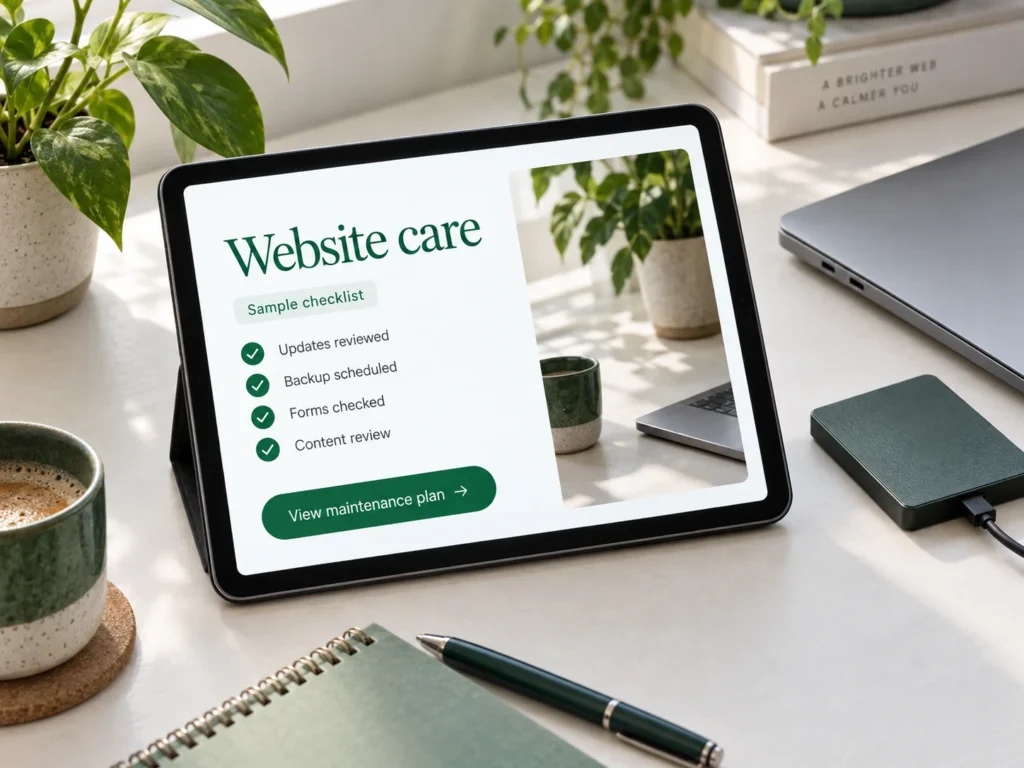 Website maintenance checklist displayed on a tablet beside a backup drive