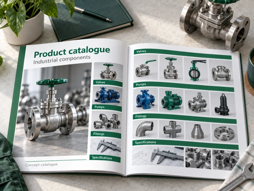 Industrial product catalogue concept showing valves, pumps and fittings