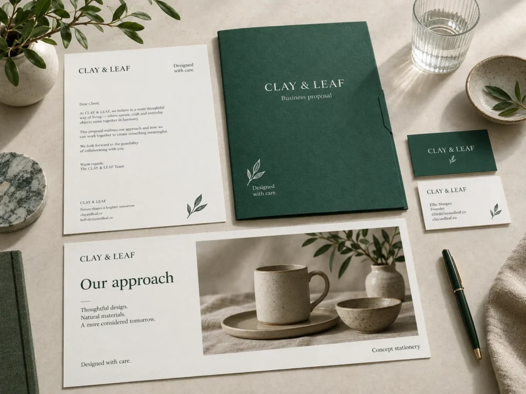 Coordinated proposal folder, letterhead and business-card design concepts