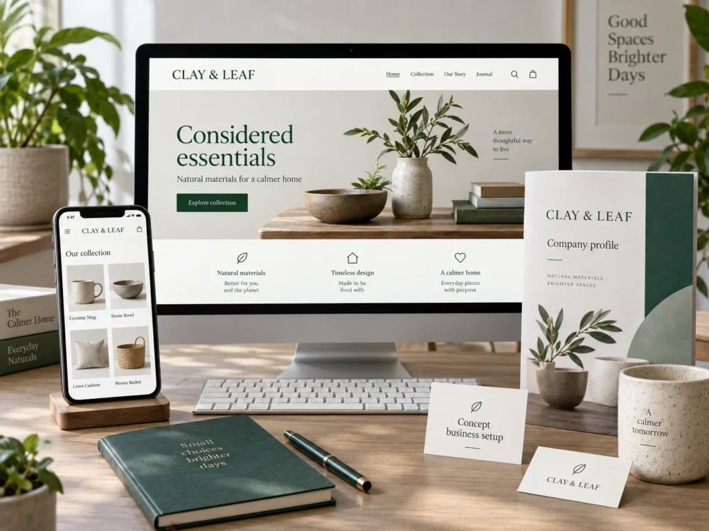 Coordinated business setup concept combining website, product catalogue and branding