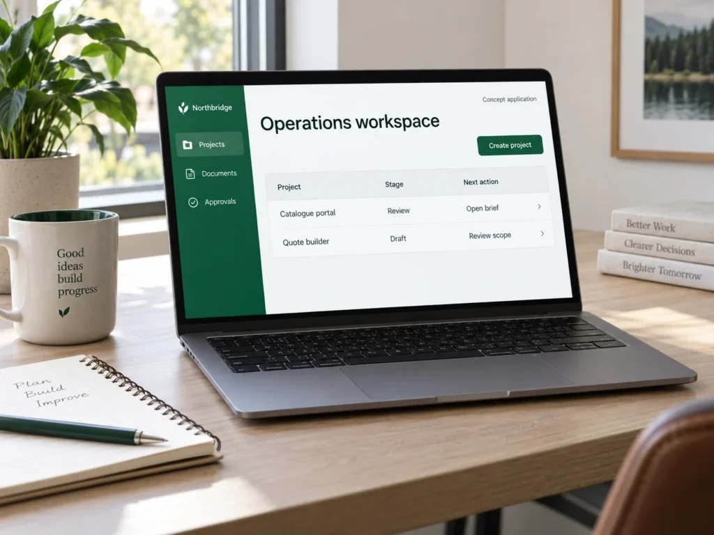 Custom business application concept showing project stages and next actions