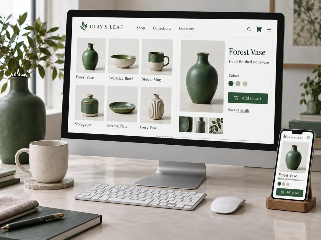 Ceramic product store concept with product listings and an add-to-cart page