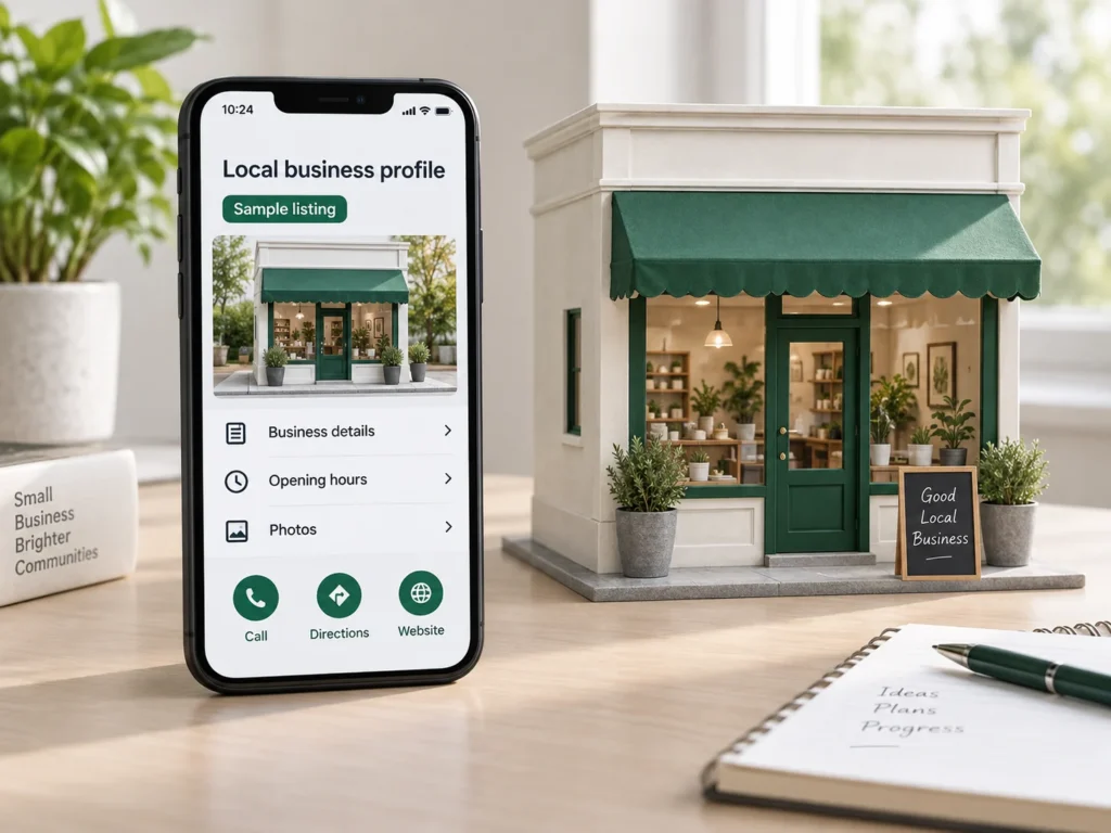 Sample local business profile with opening hours, photos and contact actions