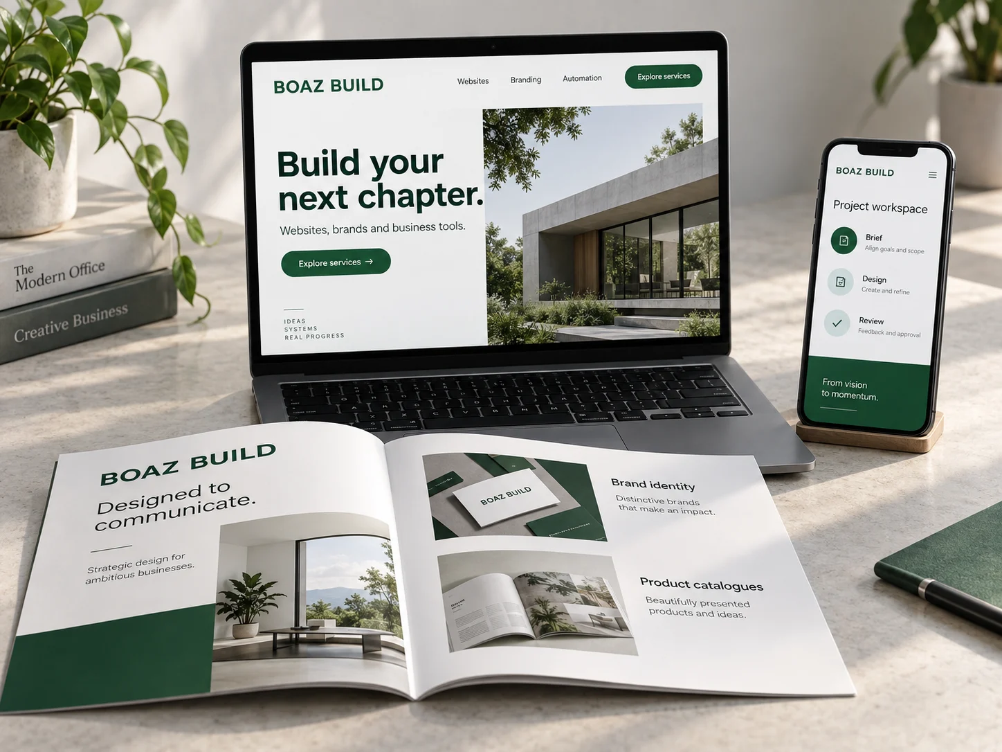 Boaz Build service concept combining website design, printed brochures and a project workspace