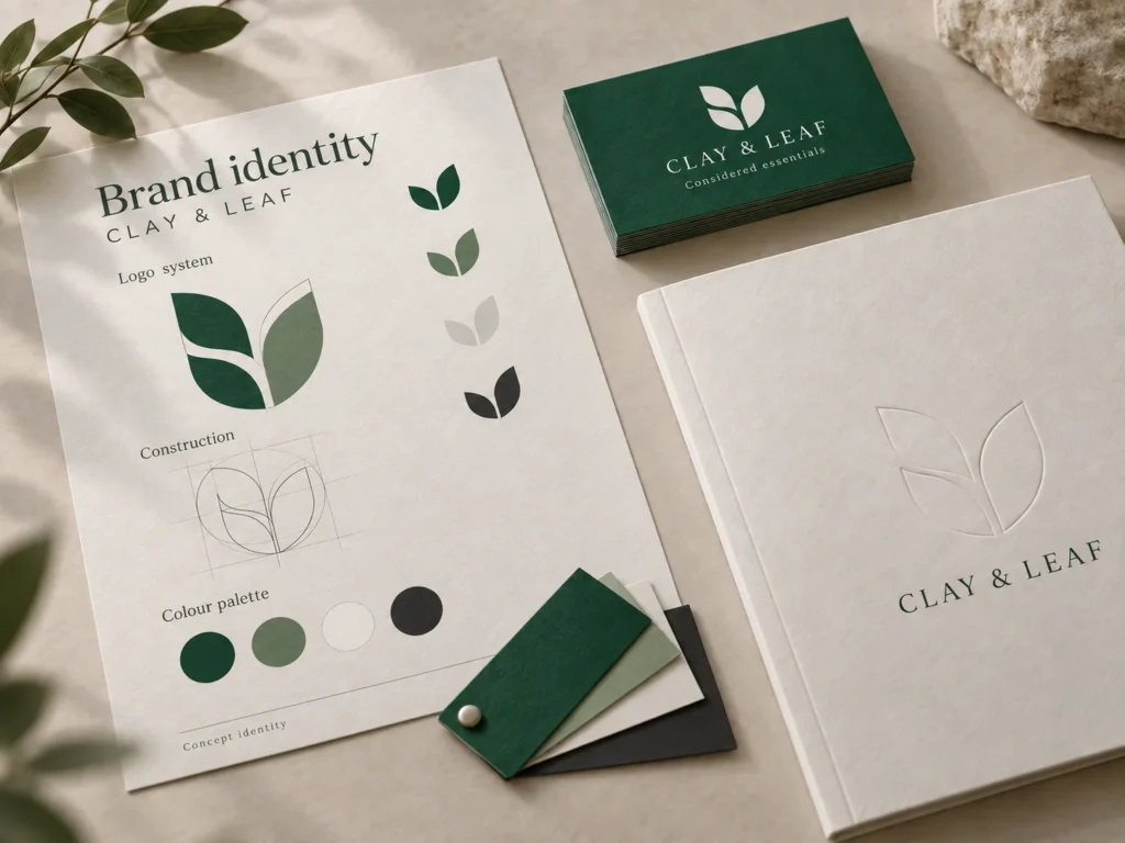 Sample brand identity showing a logo system, colour palette and embossed stationery