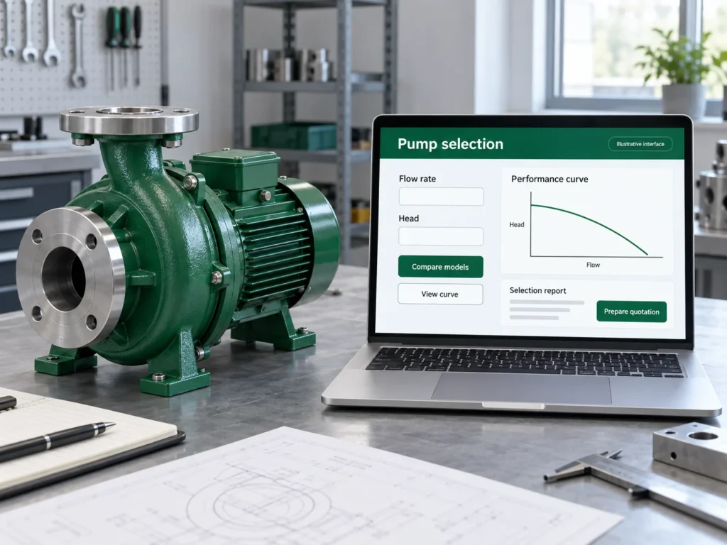 Illustrative pump selection interface beside a centrifugal pump