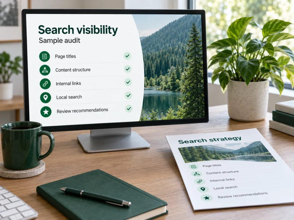 Sample search visibility audit showing page titles, content and internal-link checks