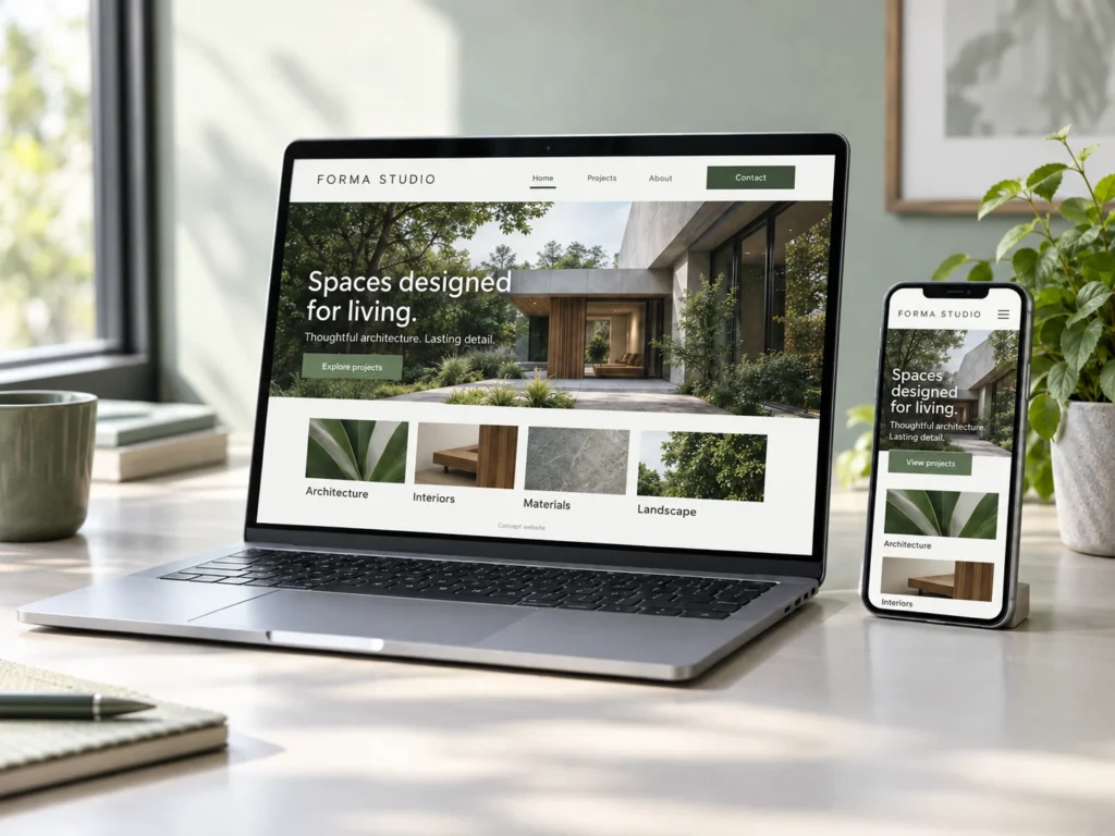Responsive architecture website concept displayed on a laptop and smartphone