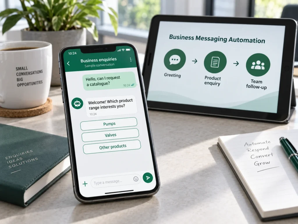 Sample business messaging conversation with automated product enquiry replies